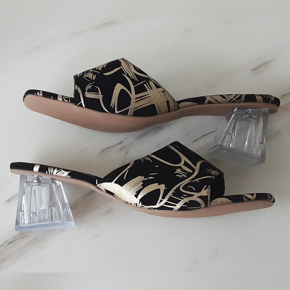 Asian Inspired Black|Gold Abstract Faux Suede Transparent Block Heel Slide Sz 10